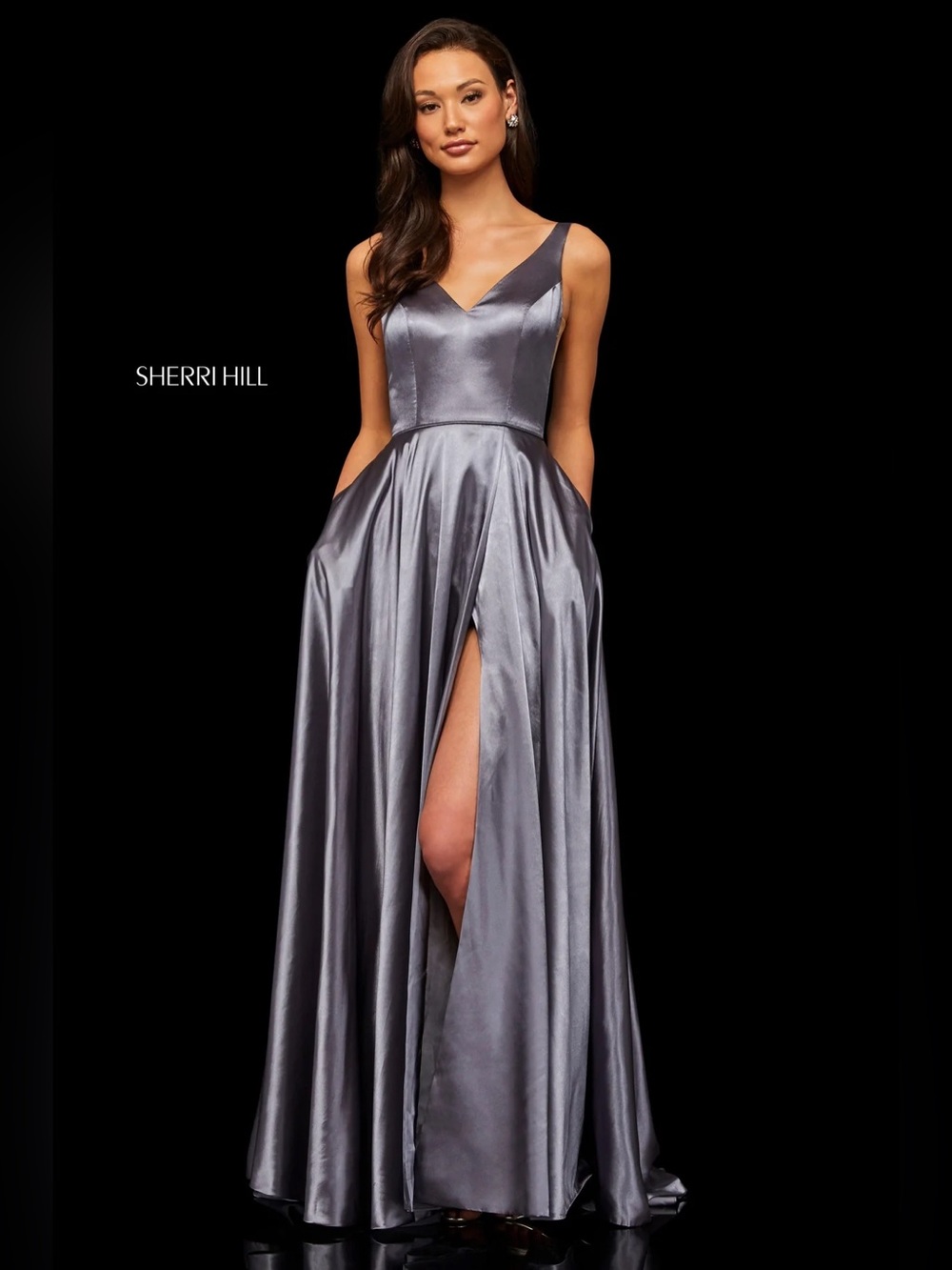 Sherri Hill Gray Satin Gown Slit POCKETS NWT Size 8 Prom Gala Wedding Bridesmaid